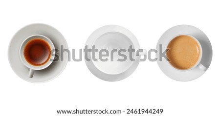 Three 3d top view coffee cup with saucer on white background