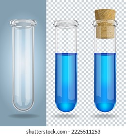 Three 3D transparent glass test tubes with blue liquid. Vector Illustration.