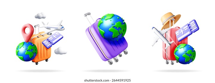 Three 3d travel icons showing vacation planning, worldwide journey, luggage with hat, airplane, tickets, and globe. For travel agency website.