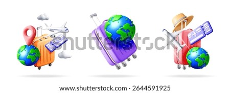 Three 3d travel icons showing vacation planning, worldwide journey, luggage with hat, airplane, tickets, and globe. For travel agency website.