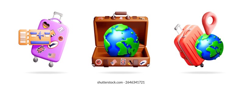 Three 3d travel luggage suitcases, one with tickets, one with globe inside, one with globe and map pointer. World journey and tourism concept 3d stock vector.