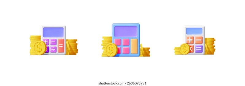 Three 3d vector illustrations of a calculator and stacks of gold coins symbolizing financial planning and money management. - Powered by Shutterstock - Get 15% off with code: PIKWIZARD15