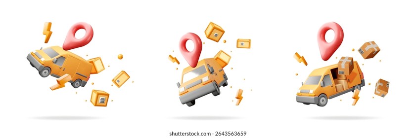 Três ilustrações vetoriais 3d de vans de entrega, pino de endereço e pacotes voadores. Conceito de envio rápido definido para o comércio.