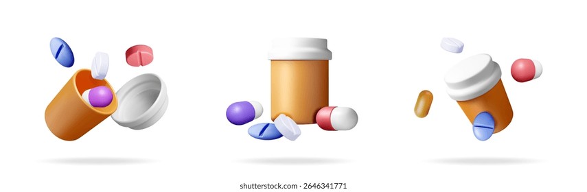 Três ilustrações vetoriais 3d de frasco de prescrição com comprimidos ou cápsulas caindo. Tratamento médico e conceito de saúde.