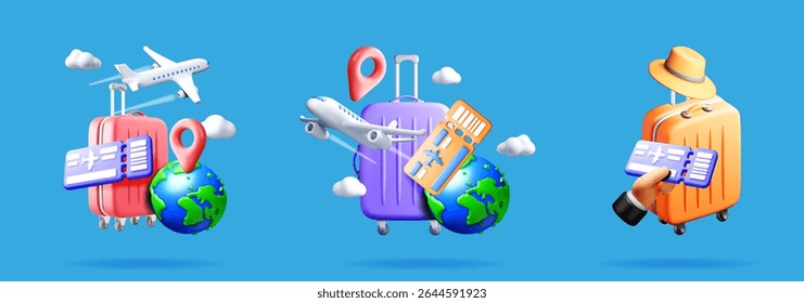Três ilustrações vetoriais 3d de objetos de viagem de férias, incluindo bagagem, globo, avião, bilhete e pino de localização.