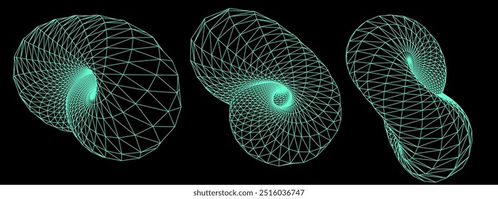 Três modelos 3D de arames com a forma de um toro, ou rosquinha, enquanto gira e gira no espaço. Cada toro é feito de centenas de pequenos triângulos, ou polígonos, conectados por linhas de fio verde.