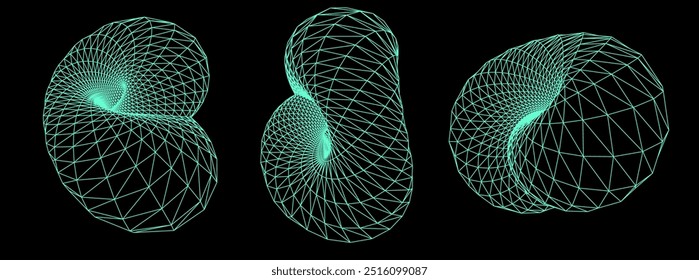 Três modelos 3D de arames com a forma de um toro, ou rosquinha, enquanto gira e gira no espaço. Cada toro é feito de centenas de pequenos triângulos, ou polígonos, conectados por linhas de fio verde.