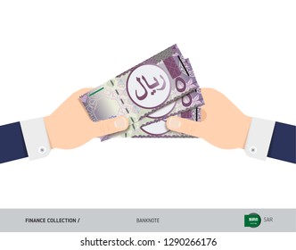 Three 5 Saudi Arabia Riyal Banknotes in the hand. Flat style vector illustration. Finance concept.
