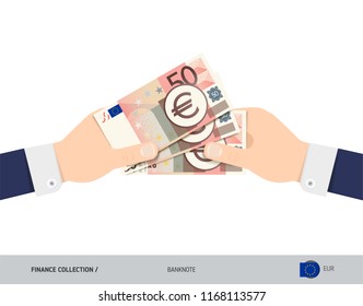 Three 50 Euro Banknotes in the hand. Flat style vector illustration. Finance concept.