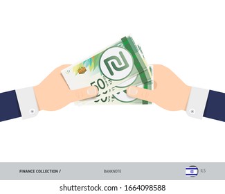 Three 50 Israeli New Shekel banknotes in the hand. Flat style vector illustration. Finance concept. 