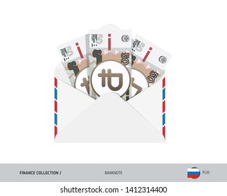 Three 50 Russian Ruble Banknotes in envelope. Flat style opened white envelope with cash. Salary payout or corruption concept.