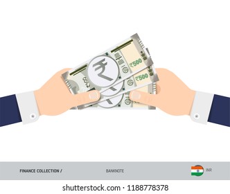 Three 500 Indian Rupee Banknotes in the hand. Flat style vector illustration. Finance concept.