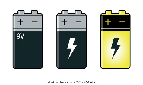 Tres baterías de 9V con símbolo de relámpago, ideales para electrónica, fuente de alimentación y contenido de tecnología de batería.