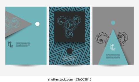 Three A4 backgrounds. Abstract shapes and frames for presentation, annual reports, flyers, brochures, leaflets, posters, business cards and document cover pages design. 