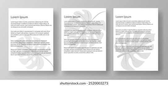 Três modelos de maquete de letra A4 com texto lorem ipsum e uma marca d'água floral. Os documentos são exibidos em um plano de fundo cinza-claro. Conceito de design de layout do documento. Ilustração vetorial