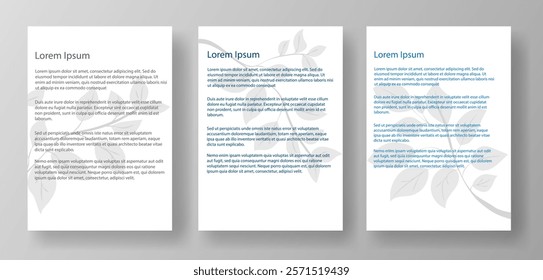 Three A4 letter mockup templates featuring lorem ipsum text and a floral watermark. The documents are displayed on a light gray background. Concept of document layout design. Vector illustration