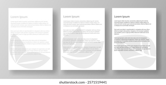 Three A4 letter mockup templates featuring lorem ipsum text and a floral watermark. The documents are displayed on a light gray background. Concept of document layout design. Vector illustration