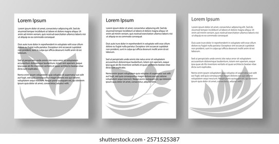 Three A4 letter mockup templates featuring lorem ipsum text and a floral watermark. The documents are displayed on a light gray background. Concept of document layout design. Vector illustration