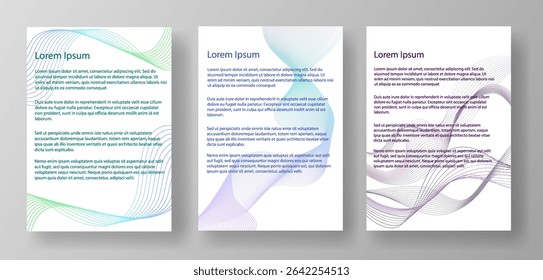Three A4 letter mockup templates featuring lorem ipsum text. The documents are displayed on a light gray background. Concept of document layout design. Vector illustration