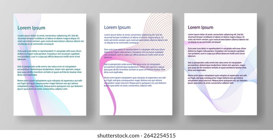 Three A4 letter mockup templates featuring lorem ipsum text. The documents are displayed on a light gray background. Concept of document layout design. Vector illustration