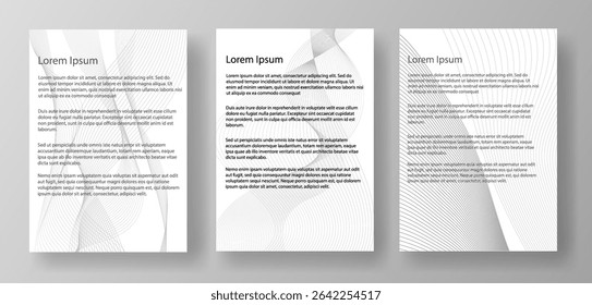 Three A4 letter mockup templates featuring lorem ipsum text. The documents are displayed on a light gray background. Concept of document layout design. Vector illustration