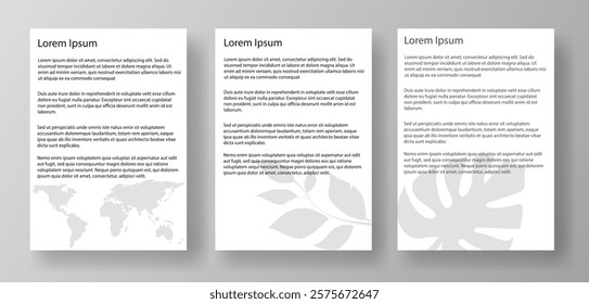 Three A4 letter templates display clean layouts with placeholder text and subtle vector illustrations in the background. Ideal for presentations or design projects requiring clarity.