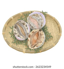 Three abalones in their shells served in a bamboo colander Watercolor style 