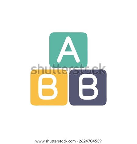 Three ABC building blocks stacked. Teal A block atop yellow and purple B blocks on White backdrop. Flat style.