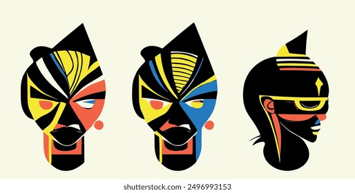 Three abstract African style portraits in vector