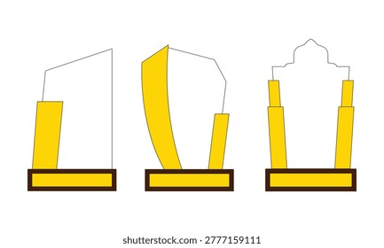 Three abstract architectural designs featuring golden structures on a brown base, suggesting modern or stylized monuments.