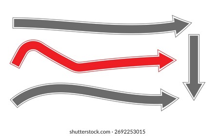 Três setas abstratas, uma vermelha e duas cinza, indicando direção e movimento contra um fundo branco.