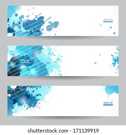 Three abstract artistic banners headers with blue paint splats