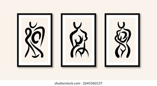 Três obras de arte abstratas com traços de mulheres em diferentes posturas montadas em pinturas na parede