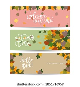 Three abstract autumn banners with color leaves. Vector