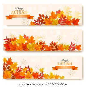 Three abstract autumn banners with colorful leaves. Vector