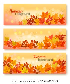 Three abstract autumn banners with colorful leaves. Vector