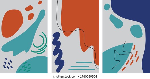 Three abstract background. Hand drawnings of different shapes: ovals, lines, squares. Modern conteprary, trendy doodles.