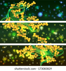 Three abstract background with mimosa. Effect bokeh. RGB. Postal. Card. Banner.