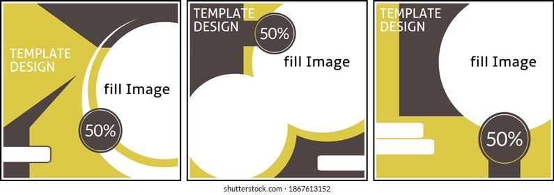 Three abstract background templates with circular cutouts and bold shapes in yellow, black, and white, designed for image placeholders and creative layouts.