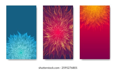 Three abstract backgrounds with a 3D element resembling a flower in different colors.