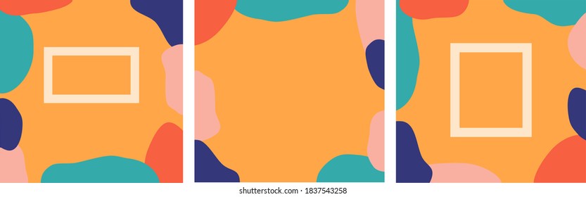 Three abstract backgrounds, bright autumn set, eps 10 vector illustration. Orange background with green, blue and bright orange elements.