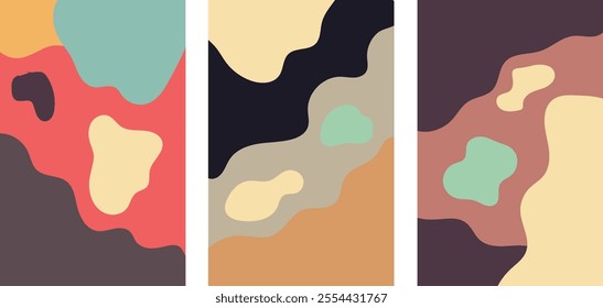 Three abstract backgrounds with organic flowing shapes in retro color palettes.