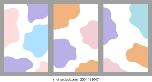 Three abstract backgrounds with pastel colored organic shapes on white.