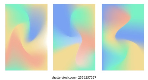 Three abstract backgrounds with soft pastel color gradients and fluid shapes