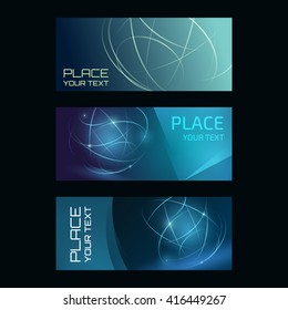Three abstract banners collection. Modern vector digital background. Abstract geometric design. Flyer, brochure, poster template with text. Color glowing lines.