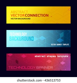 Three abstract banners collection. Modern vector digital background. Abstract geometric design. Flayer, brochure, poster template with text. Color glowing lines.