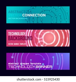 Three abstract banners collection. Modern vector digital background. Abstract geometric design. Flayer, brochure, poster template with text. Color glowing lines.