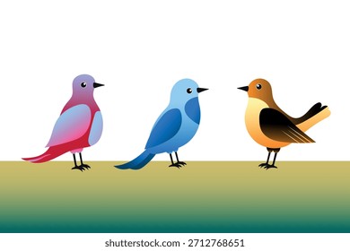 Tres pájaros abstractos en un gradiente de color Ilustración vectorial de pájaros sentados en un lienzo verde
