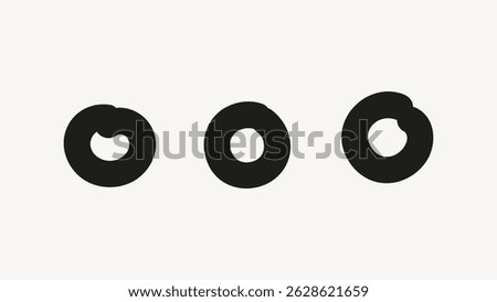 Three abstract black circles on a white background. Each circle is unique, creating a minimalist, abstract design. Abstract circles, black, minimalist. Cute doodle vector.