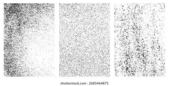 Tres texturas abstractas de Vector de grano negro con patrón de puntos para elemento de diseño. Efecto de ruido grunge para superposición, fondo, pincel o marco.